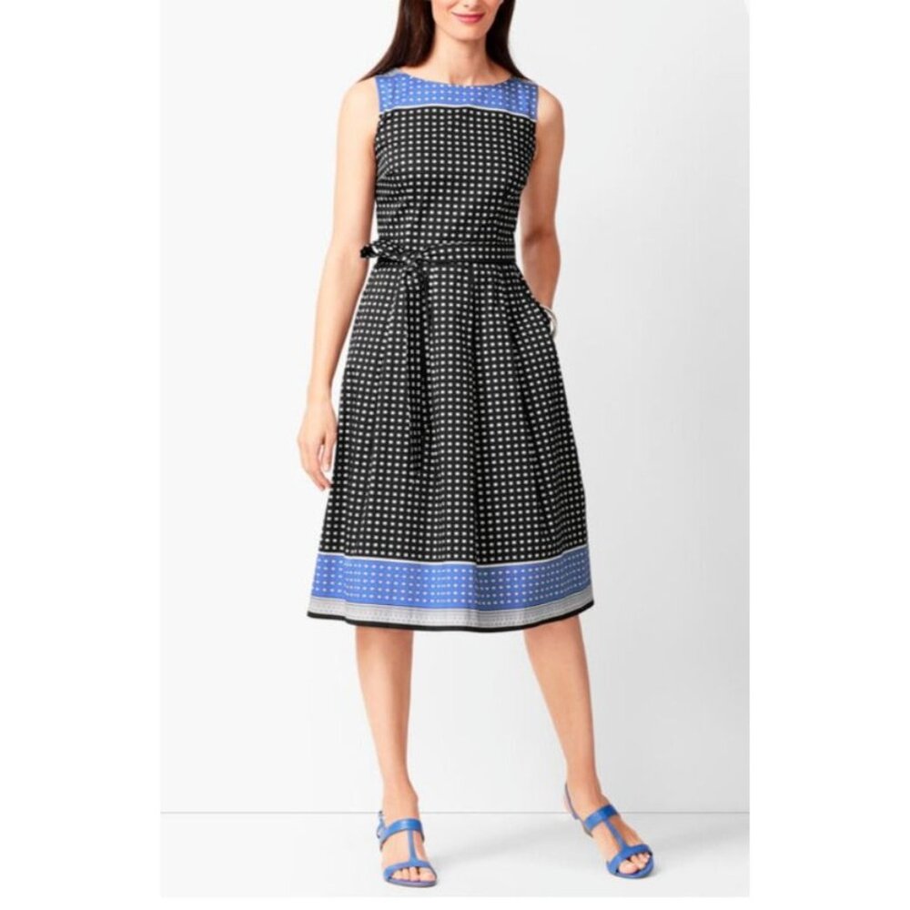 Talbots Dress 8P 8 P Black White Blue Geo Belt Pockets Career Washable NEW